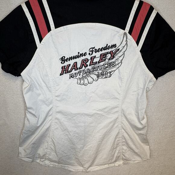Vintage Harley Davidson Womens XL Spell Out Striped Full Zip Mechanic Shirt - Picture 10 of 10
